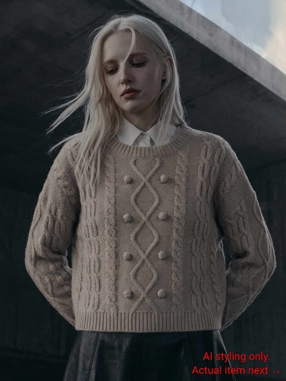 Altar'd State Cream Cable-Knit Pom-Pom Sweater